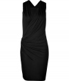 Stylish sleeveless dress in fine, black viscose - Soft, lightweight fabric falls beautifully - Wrap-style bodice with elegant drape  at chest and grommet detail at hips - Slim, fitted skirt hits above the knee - Seamlessly transitions from work to play - Pair with sandals and a cropped blazer by day and style with ankle booties and a clutch at night