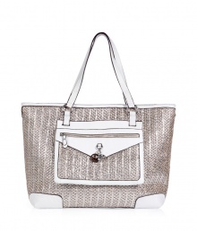 Give your party-ready ensemble extra appeal with this fun shoulder bag from Juicy Couture - Classic carryall style, top carrying handles, front zip pocket with charm detail and embossed logo, woven silver tote with contrasting white trim - Pair with a frilly party frock or wide leg trousers and a blouse and statement heels Give your party-ready ensemble extra appeal with this fun shoulder bag from Juicy Couture - Classic carryall style, top carrying handles, front zip pocket with charm detail and embossed logo, woven silver tote with contrasting white trim - Pair with a frilly party frock or wide leg trousers and a blouse and statement heels