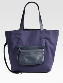 Sturdy canvas with leather trim in a reversible top-handle carryall.Adjustable leather double top handles, 6-11¾ dropPushlock flap closureLeather zip-pocket removes to become a walletOne outside leather key strapCotton and leather lining11½W X 12H X 7DMade in Italy Sturdy canvas with leather trim in a reversible top-handle carryall.Adjustable leather double top handles, 6-11¾ dropPushlock flap closureLeather zip-pocket removes to become a walletOne outside leather key strapCotton and leather lining11½W X 12H X 7DMade in Italy