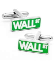 Get the signature polish of a trader without the trek downtown when you finish off your office look with these enamel Wall St. cufflinks by Cufflinks, Inc.