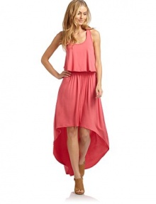 THE LOOKScoopneckRuffled self-overlay at bodiceSleevelessBanded waistHi-lo hemTHE FITAbout 52 from shoulder to hemTHE MATERIALModal/Lycra spandexCottonCARE & ORIGINDry cleanMade in USAModel shown is 5'8 (172½cm) wearing US size Small. THE LOOKScoopneckRuffled self-overlay at bodiceSleevelessBanded waistHi-lo hemTHE FITAbout 52 from shoulder to hemTHE MATERIALModal/Lycra spandexCottonCARE & ORIGINDry cleanMade in USAModel shown is 5'8 (172½cm) wearing US size Small.
