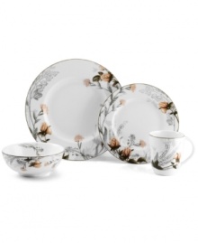 Featuring a subtle pattern of delicately shaded flowers and leaves, the Mikasa Cheateau Garden collection of place settings has the feel of an antique, hand-tinted black and white image. Made of microwave and dishwasher-safe porcelain, the 4 piece place setting is durable enough for everyday use and suitably elegant for formal settings. Featuring a subtle pattern of delicately shaded flowers and leaves, the Mikasa Cheateau Garden collection of place settings has the feel of an antique, hand-tinted black and white image. Made of microwave and dishwasher-safe porcelain, the 4 piece place setting is durable enough for everyday use and suitably elegant for formal settings.