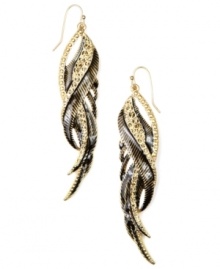 Get ready for take off, but don't forget to check your wings! RACHEL Rachel Roy's fashionable feather earrings incorporate black and topaz-hued glass accents in a gold-plated mixed metal setting. Approximate drop: 3-1/2 inches.