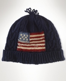 Constructed for a snug fit, a warm hat is rendered in a soft cotton blend with a knit flag at the front for a star-spangled finish.