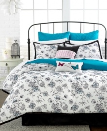 Flower power. Your bedroom is in bloom with this totally chic comforter set, featuring a beautiful floral landscape with pretty butterfly and perfect pleated details. The pop of bright blue color gives the set a little something extra. Flower power. Your bedroom is in bloom with this totally chic comforter set, featuring a beautiful floral landscape with pretty butterfly and perfect pleated details. The pop of bright blue color gives the set a little something extra.