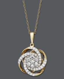 Decorate your neckline in perfectly-packaged sparkle. Wrapped in Love(tm) knot pendant features swirls of round-cut diamonds (1/2 ct. t.w.) set in 14k gold. Approximate length: 18 inches. Approximate drop: 1 inch. Decorate your neckline in perfectly-packaged sparkle. Wrapped in Love(tm) knot pendant features swirls of round-cut diamonds (1/2 ct. t.w.) set in 14k gold. Approximate length: 18 inches. Approximate drop: 1 inch.