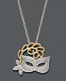 Get ready for the masquerade in this New Orleans-inspired pendant. Cut-out mask highlights sparkling diamond accents set in sterling silver and 14k gold. Approximate length: 18 inches. Approximate drop: 1/2 inch. Get ready for the masquerade in this New Orleans-inspired pendant. Cut-out mask highlights sparkling diamond accents set in sterling silver and 14k gold. Approximate length: 18 inches. Approximate drop: 1/2 inch.