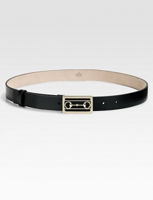 A smooth leather belt with horsebit-accented buckle in light gold hardware.About 1 wideMade in Italy A smooth leather belt with horsebit-accented buckle in light gold hardware.About 1 wideMade in Italy