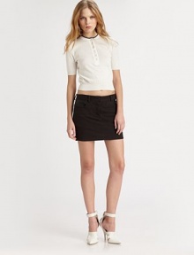 Flirty leg-baring style with 5-pocket styling and a smooth leather panel. Button closureZip flyFront slash pocketsBack patch pocketsBack leather panel97% cotton/3% spandexDry clean with leather specialistImportedModel shown is 5'9½ (176cm) wearing US size 4. Flirty leg-baring style with 5-pocket styling and a smooth leather panel. Button closureZip flyFront slash pocketsBack patch pocketsBack leather panel97% cotton/3% spandexDry clean with leather specialistImportedModel shown is 5'9½ (176cm) wearing US size 4.