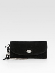 Suede defines this flap-front bag adorned with a rhinestone clasp, braided tassel and chic chain strap.Removable wristlet strap, 6¼ dropMagnetic flap and snap closureOne inside zip pocketOne inside snap pocketTwo credit card slotsOne mirrorFully lined9W X 4H X 1DMade in Italy Suede defines this flap-front bag adorned with a rhinestone clasp, braided tassel and chic chain strap.Removable wristlet strap, 6¼ dropMagnetic flap and snap closureOne inside zip pocketOne inside snap pocketTwo credit card slotsOne mirrorFully lined9W X 4H X 1DMade in Italy