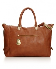 Simply stylish, Steve Madden's elegant Bsocial tote highlights a pebbled texture with shiny goldtone hardware, including chain-link detail on the detachable shoulder strap. Simply stylish, Steve Madden's elegant Bsocial tote highlights a pebbled texture with shiny goldtone hardware, including chain-link detail on the detachable shoulder strap.
