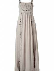 Luxurious dress in fine stone grey silk - wonderfully light and flattering - slim tank top with pleated bibb and button placket - elegant Empire waist - decorative embroidery - skirt is set high with trendy gathers and falls in soft folds - new maxi length to the ankle - simply a beautiful, feminine, romantic dress for many summer occasions - with peep toes or sandals