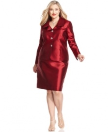 Make the occasion even more memorable when you wear a stunning plus size satin skirt suit from Kasper. Rhinestone-jeweled buttons add extra sparkle. (Clearance)