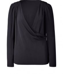 Polished, professional-looking blouse in pure black silk - Features a flattering, comfortable cut that is trendy and elegant - Narrow silhouette with wrap-draping and plunging v-neckline - Fashionable read at shoulders and long sleeves - Great with suit pants, leather pants and bold-colored heels