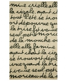 Pure poetry! Sweet nothings scripted in breathless cursive adorn this chic, romantic rug from Liora Manne's indoor/outdoor Promenade collection. Hand-hooking and hand-tufting techniques are combined to achieve the rich, textural surface. UV stabilized to minimize fading, the fashion-forward, durable rug is sure to please. Hose off for easy cleaning. Pure poetry! Sweet nothings scripted in breathless cursive adorn this chic, romantic rug from Liora Manne's indoor/outdoor Promenade collection. Hand-hooking and hand-tufting techniques are combined to achieve the rich, textural surface. UV stabilized to minimize fading, the fashion-forward, durable rug is sure to please. Hose off for easy cleaning.
