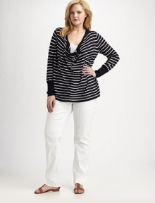 Nautical stripes and a flattering cowlneck give this design a classic and feminine look. CowlneckLong sleevesFront and back seamsSolid-color cuffsBuilt-in tank includedAbout 29 from shoulder to hemCottonHand washImported