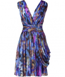 Luxe dress from fashionista fave Matthew Williamson in multicolor silk chiffon - Sexy, feminine fit close to the body - Fine ruched banding at waist - - V-neck reveals a hint of d?colletage - Drape detail and side zip - Perfect party go-to - Pair with strappy sandals and statement cuffs or cocktail rings