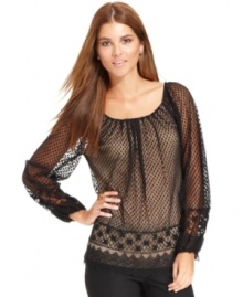 Studio M's lace top features a dotted design with contrasting lace motif at the cuffs and hem.