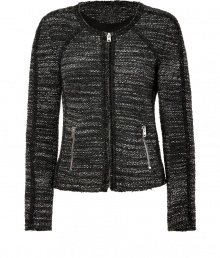 Ladylike looks get a rocker-chic edge in Iros deconstructed boucl? knit jacket, the perfectly chic alternative to cardigans and blazers - Collarless, long sleeves, metal zippered front pockets, contrast black trim - Contemporary cropped slim fit - Wear with crisp white shirts, leather skirts and statement heels, or dress down with soft tissue tees and feminine flats Ladylike looks get a rocker-chic edge in Iros deconstructed boucl? knit jacket, the perfectly chic alternative to cardigans and blazers - Collarless, long sleeves, metal zippered front pockets, contrast black trim - Contemporary cropped slim fit - Wear with crisp white shirts, leather skirts and statement heels, or dress down with soft tissue tees and feminine flats