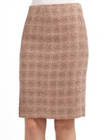 THE LOOKRichly textured bouclé woven with sparkle threadsBandless waistSlim shapeBack zip closureTHE FITAbout 22 longTHE MATERIAL42% rayon/25% wool/24% cotton/9% nylonFully linedCARE & ORIGINDry cleanMade in Italy THE LOOKRichly textured bouclé woven with sparkle threadsBandless waistSlim shapeBack zip closureTHE FITAbout 22 longTHE MATERIAL42% rayon/25% wool/24% cotton/9% nylonFully linedCARE & ORIGINDry cleanMade in Italy