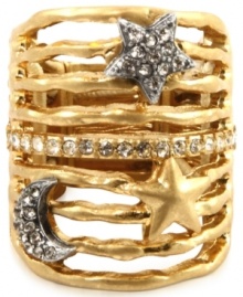 Star light, star bright, this style is certain to light up your night. Rachel Rachel Roy's twinkling star and moon ring features a bold, nine-band design and glass accents for ultimate shine. Crafted in worn gold and silver-tone mixed metal. Ring adjusts to fit finger. Approximate diameter: 1 inch. Star light, star bright, this style is certain to light up your night. Rachel Rachel Roy's twinkling star and moon ring features a bold, nine-band design and glass accents for ultimate shine. Crafted in worn gold and silver-tone mixed metal. Ring adjusts to fit finger. Approximate diameter: 1 inch.