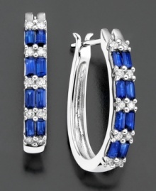 Baguette-cut sapphire (1-3/8 ct. t.w.) and round-cut diamond (1/4 ct. t.w.) alternate for a stunning effect on these 14k white gold hoop earrings. Approximate length: 3/4 inch. Approximate diameter: 1/2 inch. Baguette-cut sapphire (1-3/8 ct. t.w.) and round-cut diamond (1/4 ct. t.w.) alternate for a stunning effect on these 14k white gold hoop earrings. Approximate length: 3/4 inch. Approximate diameter: 1/2 inch.