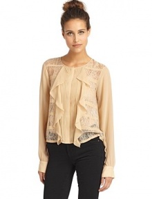 THE LOOKTailored in fine silk chiffonRoundneckConcealed button frontFront pintucked and cascading ruffle detailsBlocked lace insets at frontLong sleeves with button cuffsTHE FITAbout 20 from shoulder to hemTHE MATERIALSilkContrast: nylonCARE & ORIGINDry cleanImportedModel shown is 5'8 (172½cm) wearing US size Small. THE LOOKTailored in fine silk chiffonRoundneckConcealed button frontFront pintucked and cascading ruffle detailsBlocked lace insets at frontLong sleeves with button cuffsTHE FITAbout 20 from shoulder to hemTHE MATERIALSilkContrast: nylonCARE & ORIGINDry cleanImportedModel shown is 5'8 (172½cm) wearing US size Small.