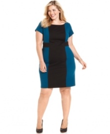 A slimming colorblocked pattern elegantly defines AGB's short sleeve plus size dress-- it's a must-have for your fall wardrobe!