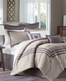 Casual meets contemporary in the Affinia comforter set. A soothing, heather gray jacquard comforter boasts tailored stripes for a comfortable look with a polished appeal. The coordinating bedskirt, European shams and decorative pillows tie the look together with pops of solid color and smart stripes. Casual meets contemporary in the Affinia comforter set. A soothing, heather gray jacquard comforter boasts tailored stripes for a comfortable look with a polished appeal. The coordinating bedskirt, European shams and decorative pillows tie the look together with pops of solid color and smart stripes.