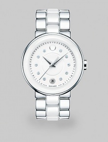 Cerena™ watch with a ceramic and stainless steel case and link bracelet. Swiss quartz movementWater resistant to 3 ATMRound ceramic and stainless steel case, 36mm (1.4) Smooth ceramic bezelWhite dialDiamond hour markers, .065 tcwDate display at 6 o'clockSecond hand Ceramic and stainless steel braceletMade in Switzerland Cerena™ watch with a ceramic and stainless steel case and link bracelet. Swiss quartz movementWater resistant to 3 ATMRound ceramic and stainless steel case, 36mm (1.4) Smooth ceramic bezelWhite dialDiamond hour markers, .065 tcwDate display at 6 o'clockSecond hand Ceramic and stainless steel braceletMade in Switzerland