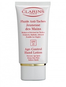 Age-Control Hand Lotion, SPF 15. This hand treatment is essential for soft, youthful-looking hands. Rich emollient lotion moisturizes and softens hands, protecting them against the appearance of sun-induced age spots. SPF 15 formula helps to maintain their youthful beauty by protecting against the drying effects of external aggresions such as cold, harsh water and detergents. Conditions and fortifies nails. Imported from France. 2.7 oz. Age-Control Hand Lotion, SPF 15. This hand treatment is essential for soft, youthful-looking hands. Rich emollient lotion moisturizes and softens hands, protecting them against the appearance of sun-induced age spots. SPF 15 formula helps to maintain their youthful beauty by protecting against the drying effects of external aggresions such as cold, harsh water and detergents. Conditions and fortifies nails. Imported from France. 2.7 oz.
