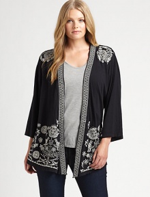 Quite possibly the most exquisite layering piece around, this cotton cardigan features striking embroidery. Its timeless kimono sleeves provide exquisite arm coverage.Open-front styleKimono sleevesPretty embroideryAbout 33 from shoulder to hemCottonMachine washImported