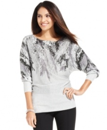 Alfani's sweater gets a season-perfect boost from a fir-inspired placed print and a metallic knit.