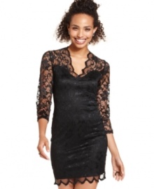 Flaunting a thin overlay of fanciful lace, Ali & Kris' sophisticated sheath dress is built for that special night.