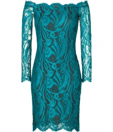 Show-stopping cocktail dress is the talk of the party - Designed in an elegant all-over lace rayon blend in shining teal - Feminine, body-hugging silhouette is off-the-shoulder with long, sheer sleeves and a mini-skirt length - Full-length exposed zipper at back - Dream dress with heels and a chic clutch Show-stopping cocktail dress is the talk of the party - Designed in an elegant all-over lace rayon blend in shining teal - Feminine, body-hugging silhouette is off-the-shoulder with long, sheer sleeves and a mini-skirt length - Full-length exposed zipper at back - Dream dress with heels and a chic clutch