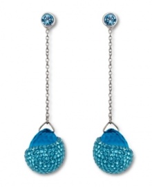 Blues traveler: Wherever you wear Swarovski's striking linear earrings, you'll be sure to make a glamorous impression! Inspired by a delicate water droplet, they showcase Indicolite crystal drops embellished by aquamarine crystal Pointiage for maximum brilliance. Set in silver tone mixed metal. Approximate drop: 2-4/10 inches.