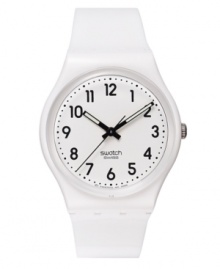 With the look of freshly fallen snow, this pure white Swatch watch from the Just White collection lends a spotless look. With the look of freshly fallen snow, this pure white Swatch watch from the Just White collection lends a spotless look.