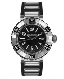 Icy crystal and jet black juxtapose dramatically on this Octea Sport watch by Swarovski. Black rubber strap with six clear crystals and round stainless steel case. Clear crystal rotating bezel. Black dial features applied silver tone numerals and stick indices, minute track, date window at three o'clock, luminous hands and logo. Swiss quartz movement. Water resistant to 30 meters. Two-year limited warranty. Icy crystal and jet black juxtapose dramatically on this Octea Sport watch by Swarovski. Black rubber strap with six clear crystals and round stainless steel case. Clear crystal rotating bezel. Black dial features applied silver tone numerals and stick indices, minute track, date window at three o'clock, luminous hands and logo. Swiss quartz movement. Water resistant to 30 meters. Two-year limited warranty.