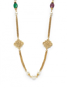 THE LOOKByzantine collectionDouble-chain designIntricate clover-shaped detailsColored glass stone and faux pearl accents24k electroplated gold settingLobster claspTHE MEASUREMENTLength, about 56ORIGINMade in USA THE LOOKByzantine collectionDouble-chain designIntricate clover-shaped detailsColored glass stone and faux pearl accents24k electroplated gold settingLobster claspTHE MEASUREMENTLength, about 56ORIGINMade in USA