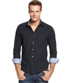 Add interest to any outfit you're wearing with this contrast-detailed shirt from Tasso Elba. Add interest to any outfit you're wearing with this contrast-detailed shirt from Tasso Elba.