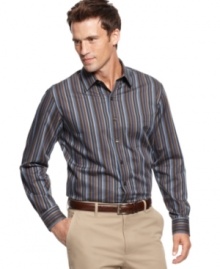 Stripes step out of the straight and narrow with bold colors in this sharp Tasso Elba dress shirt.