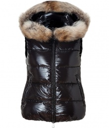 Stay warm while maintaining your impeccable style in this lightweight yet luxe down vest from Duvetica - Fur-lined hood, front two-way zip closure, sleeveless, zip pockets, quilted - Wear with an elevated jeans-and-tee ensemble and shearling lined boots Stay warm while maintaining your impeccable style in this lightweight yet luxe down vest from Duvetica - Fur-lined hood, front two-way zip closure, sleeveless, zip pockets, quilted - Wear with an elevated jeans-and-tee ensemble and shearling lined boots