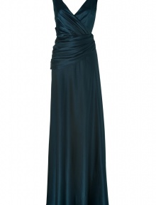 Turn heads at your next formal event or gala in this floor-length gown from Collette Dinnigan - Designed in dark teal silk satin with crystal embellishment at shoulders, V-neck in front and back, wrapped bodice with side hook and eye closures, hidden side zip - Beautiful draping is soft and feminine, highlighting the figure - Wear with silver-colored heels, a cashmere shawl and favorite clutch