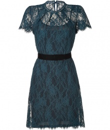 Take on this seasons love for everything lace with Collette Dinnigans muted teal cocktail sheath, detailed with a black velvet flat bow sash for that romantic, feminine feel - High pleated neckline, short sleeves, cutout with jeweled button closure at nape, scalloped trim, adjustable sash with hidden snap and hook closures, stretch black slip lining with adjustable spaghetti straps - Tailored fit, falls just above the knee - Team with Mary-Janes and a sleek envelope clutch