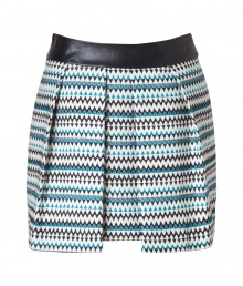 A leather waistband toughens up this bold, zigzag-printed pleated wool skirt from Milly - Wide black leather waistband, pleated, all-over zigzag print, exposed metal back zip closure - Mini length - Wear with a silk blouse, opaque tights, and embellished ballet flats A leather waistband toughens up this bold, zigzag-printed pleated wool skirt from Milly - Wide black leather waistband, pleated, all-over zigzag print, exposed metal back zip closure - Mini length - Wear with a silk blouse, opaque tights, and embellished ballet flats