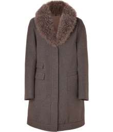 Understated and elegant in a contemporary shade of taupe heather, Brunello Cucinellis fur collar coat is an ultra luxurious approach to outerwear - Removable tonal cashmere goat fur collar, long sleeves, flap and slit pockets, hidden snaps and front zip, softly gathered hemline - Easy straight fit - Wear with streamlined leather accessories and chic ankle boots Understated and elegant in a contemporary shade of taupe heather, Brunello Cucinellis fur collar coat is an ultra luxurious approach to outerwear - Removable tonal cashmere goat fur collar, long sleeves, flap and slit pockets, hidden snaps and front zip, softly gathered hemline - Easy straight fit - Wear with streamlined leather accessories and chic ankle boots