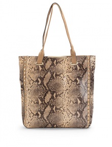 THE LOOKDouble leather top handlesSquare silhouette of snakeskin-printed leatherContrast leather trim with cone studsMagnetic snap top closureMetal bar with embossed logo detailOne inside zip pocketThree inside open pocketsInside logo detailTHE MEASUREMENTShoulder straps, 9 drop14W X 14H X 3DTHE MATERIALCow leatherFully linedORIGINImported THE LOOKDouble leather top handlesSquare silhouette of snakeskin-printed leatherContrast leather trim with cone studsMagnetic snap top closureMetal bar with embossed logo detailOne inside zip pocketThree inside open pocketsInside logo detailTHE MEASUREMENTShoulder straps, 9 drop14W X 14H X 3DTHE MATERIALCow leatherFully linedORIGINImported