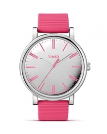 A mirror dial adds an eye-catching contrast to this bold round watch from Timex, paired with a pink silicone strap.