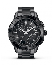 Modern, sleek and simple, Timex's blacked out chronograph is a forward fasten on. Wear it 100-meters under water, skulking after hours or simply to the office.