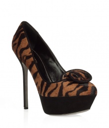 Fierce natural tiger print platform pumps - Make a statement in these super sexy fur shoes - 13 cm heel and 3 cm platform front and stylish rose-like front detail - Style with a body-con mini-dress, opaque tights, and a leather bomber jacket for evening - Wear with skinny jeans, a sheer blouse, and a military-inspired coat